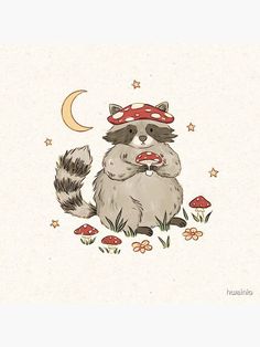 a drawing of a raccoon wearing a mushroom hat and sitting on the ground