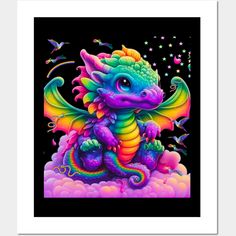 a colorful dragon sitting on top of a cloud