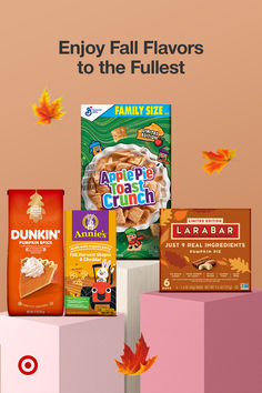 the fall flavors are on display in front of an orange and pink background with autumn leaves