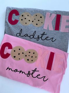 three t - shirts with cookies on them and the words cookie monster written in large letters