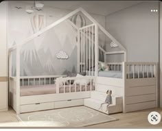 a child's bedroom with two beds and a dresser in the corner, next to a wall mural