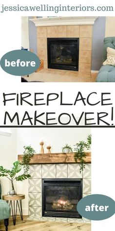 fireplace makeover before and after with text overlay that says easy diy fireplace makeover