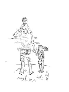 a black and white drawing of a father holding his son's hand