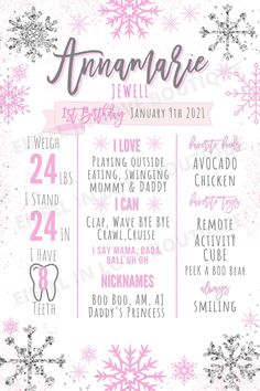 a pink and silver snowflaked birthday party poster with the names of each event