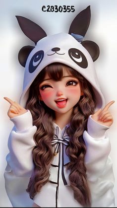 a girl with long hair wearing a panda bear outfit and pointing to the side while standing in front of a white background