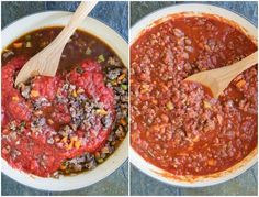 two pictures showing the process of making meat and vegetable soup