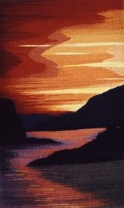 an oil painting of a sunset with mountains and water in the foreground, as seen from shore