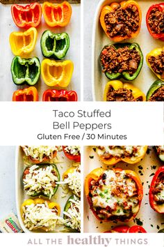 taco stuffed bell peppers are shown in four different pictures with the words, all the healthy things