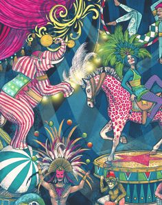 an illustration of circus performers and clowns performing on the stage with their colorful costumes