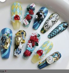 Alice In Wonderland Inspired Nails, Alice In Wonderland Nails Designs, Mad Hatter Nails, Hoco 2024, Solid Color Nails, Color Nails