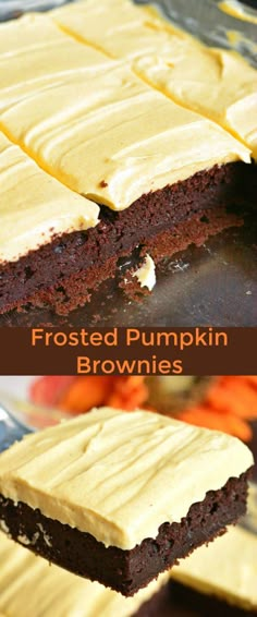 frosted pumpkin brownies are being cut into squares