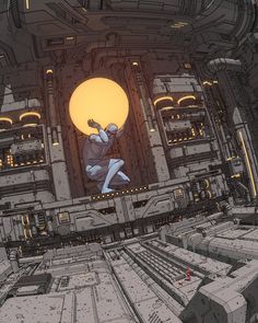 an image of a man flying through the air on top of a sci - fi building