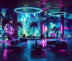 a living room filled with furniture and neon lights