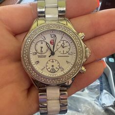 Silver And White Michele Watch With Diamonds On Face, Needs A New Battery! Diamonds On Face, Michele Watch, Michele Watches, Diamond Face, Accessories Watches, Diamonds, Womens Sizes, Women Accessories, Silver