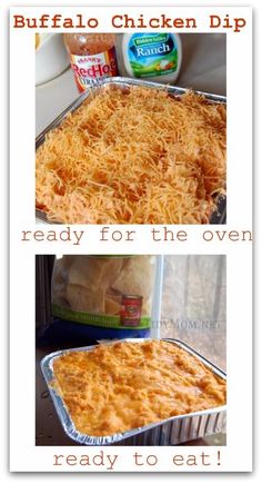 two pictures showing how to make buffalo chicken dip in the oven and ready for the oven