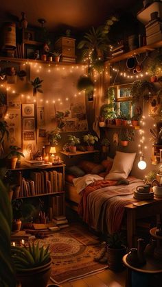 a room filled with lots of plants and lights on the wall above it's bed