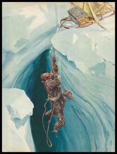 a man in an ice cave holding on to a rope with a map above him