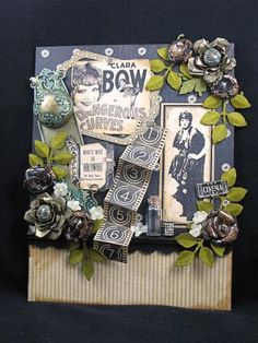 altered collage with buttons and flowers on black background, featuring an image of a woman