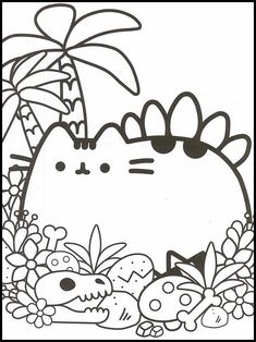 a black and white drawing of a cat surrounded by flowers, plants and mushrooms with a palm tree in the background