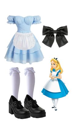 the alice costume is shown with shoes, gloves and headbands to match her outfit