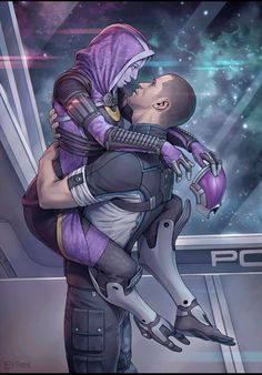 two people in space hugging each other