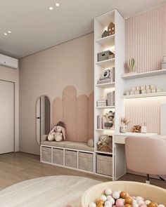 a living room filled with lots of furniture next to a wall mounted book shelf and door