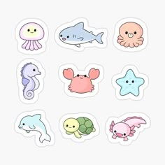 six different sea animals stickers on a white background, including an octopus, starfish, and squid