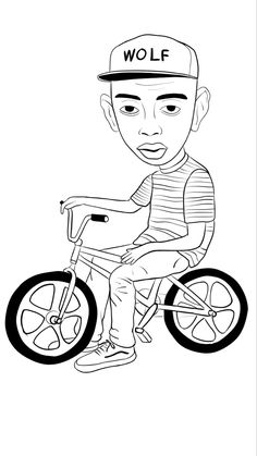 a drawing of a boy on a bike with the word wolf written on his hat