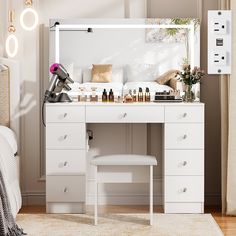 a bedroom with a vanity, stool and mirror