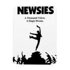 an advertisement for newsies featuring a man jumping off a rock into the air with his arms in the air