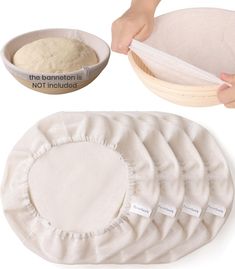 a person holding a wooden bowl with dough in it next to a set of cloth pads