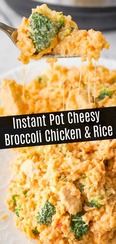 instant pot cheesy broccoli chicken and rice on a white plate with a spoon