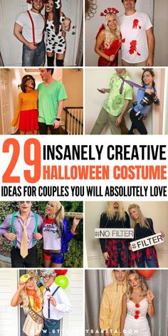 some people are dressed up in costumes for halloween and one is holding a sign that says, 29 insannely creative halloween costume ideas for couples you will absolutely love