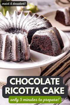 a chocolate ricotta cake on a plate with the title overlay