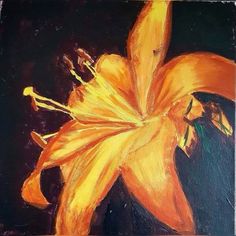 a painting of an orange flower on a black background