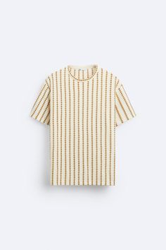 TEXTURED STRIPED T-SHIRT - Ecru/Yellow | ZARA United States Casual Cream Short Sleeve T-shirt, Retro Cream Short Sleeve T-shirt, Retro Beige Short Sleeve T-shirt, Beige Graphic Tee For Summer, Off White Cotton Crew Neck Top, Mustard Short Sleeve T-shirt With Graphic Print, Beige Short Sleeve Top With Graphic Print, Cream Cotton Retro Top, Retro Cream Cotton Tops