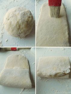 the process of making pizza dough with a brush and floured crust on it's surface