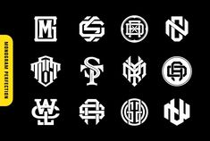 six different type of logos in white on a black background, each with the letter s and