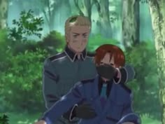 two anime characters are sitting in the woods