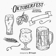 hand drawn oktoberfest collection with beer glasses and hops on white paper