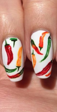 Chili Pepper Nails, Chilli Nails, Chili Nails, Pepper Nails, Acrylic Nails Nail Polish, Mexico Nails, Food Nails, Nails Nail Polish, Pretty Nail Art Designs