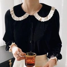 Velvet & Lace Romantic Vintage Style Blouse Dark Academia Blouse, Dark Romantic Style, Romantic Academia Outfits, Vintage Style Blouses, Pan Collar Blouse, Deer Doll, Blouse With Long Sleeves, Romantic Academia, Peter Pan Collar Blouse