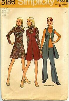 1970 s Simplicity Sewing Pattern 5186 Mini-Dress, Vest and Pants Size 10 Bust 32 70s Mini Dress, 70s Sewing Patterns, Vintage Clothes Patterns, 1970s Sewing Patterns, Vest And Pants, 70s Clothing, Retro Sewing Patterns, 60s And 70s Fashion, 70s Inspired Fashion