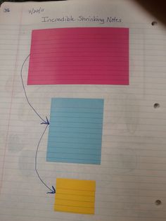 three different colored papers are on top of each other, with arrows pointing to them