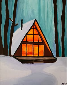 an acrylic painting of a cabin in the woods with snow on the ground