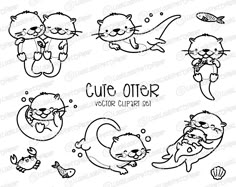 cute otters clipart set with sea animals and fish in black and white colors