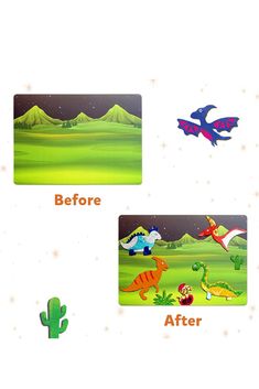 an image of children's book with animals and dinosaurs on it, before and after reading