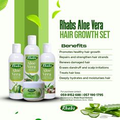 three bottles of aloe vera hair growth set with aloe vera leaves and aloe vera