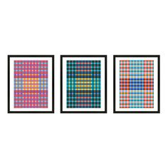 three different colored squares are shown in the same pattern as one is on the wall