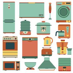 various kitchen appliances are arranged on a white background, including an oven, microwave, toaster and coffee maker